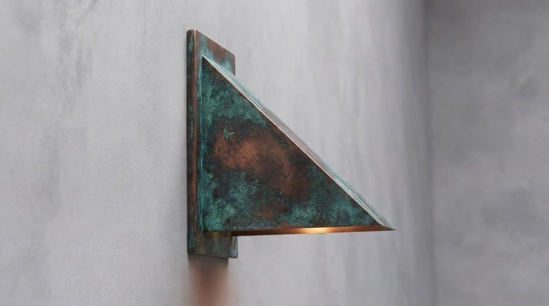 Handmade Verdigris Brass Wall Sconce – Rectangular Copper Patina Flush-Mount Wall Light for Hallway, Bedroom, Bathroom, Entryway and Modern Rustic Décor