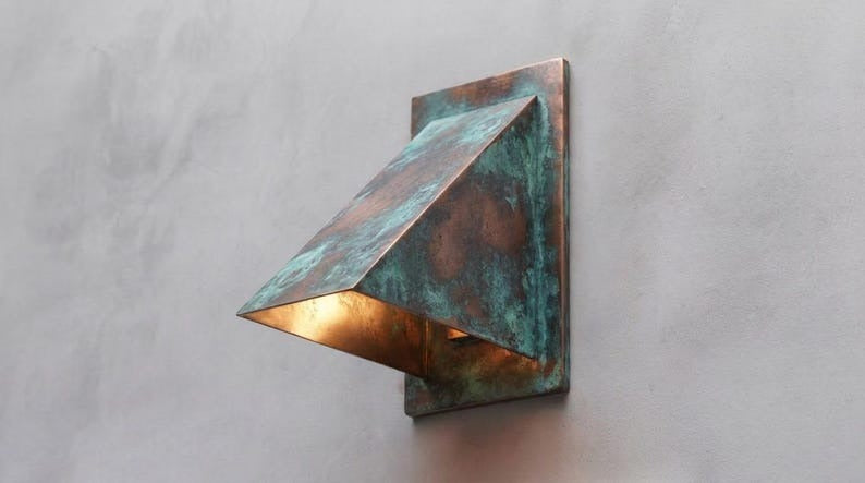 Handmade Verdigris Brass Wall Sconce – Rectangular Copper Patina Flush-Mount Wall Light for Hallway, Bedroom, Bathroom, Entryway and Modern Rustic Décor