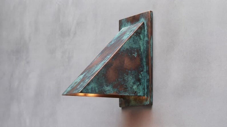Handmade Verdigris Brass Wall Sconce – Rectangular Copper Patina Flush-Mount Wall Light for Hallway, Bedroom, Bathroom, Entryway and Modern Rustic Décor