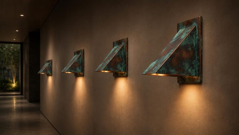 Handmade Verdigris Brass Wall Sconce – Rectangular Copper Patina Flush-Mount Wall Light for Hallway, Bedroom, Bathroom, Entryway and Modern Rustic Décor