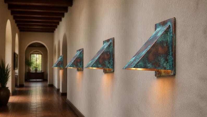 Handmade Verdigris Brass Wall Sconce – Rectangular Copper Patina Flush-Mount Wall Light for Hallway, Bedroom, Bathroom, Entryway and Modern Rustic Décor
