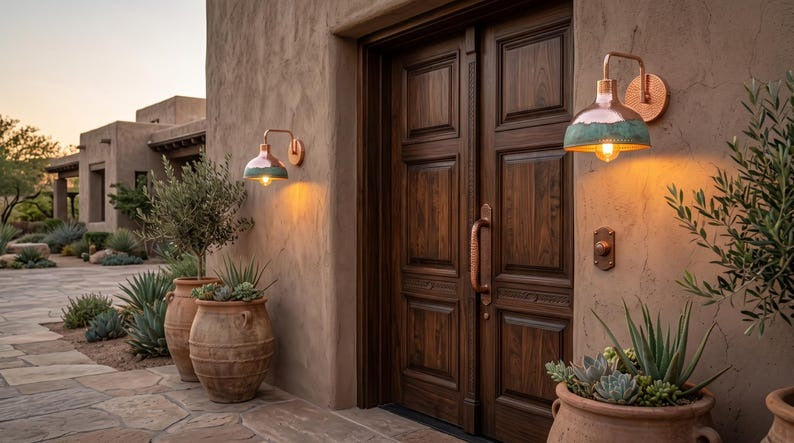 Handmade Brass Wall Sconce – Copper & Verdigris Green Patina Dome Wall Light, Moroccan Rustic Farmhouse Brass Wall Lamp Fixture