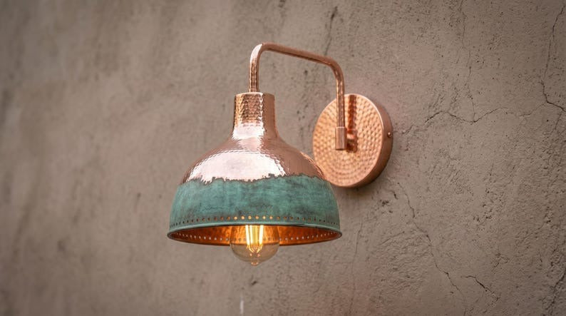 Handmade Brass Wall Sconce – Copper & Verdigris Green Patina Dome Wall Light, Moroccan Rustic Farmhouse Brass Wall Lamp Fixture