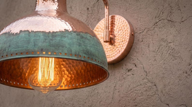 Handmade Brass Wall Sconce – Copper & Verdigris Green Patina Dome Wall Light, Moroccan Rustic Farmhouse Brass Wall Lamp Fixture
