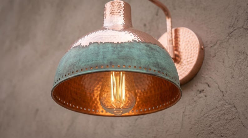 Handmade Brass Wall Sconce – Copper & Verdigris Green Patina Dome Wall Light, Moroccan Rustic Farmhouse Brass Wall Lamp Fixture