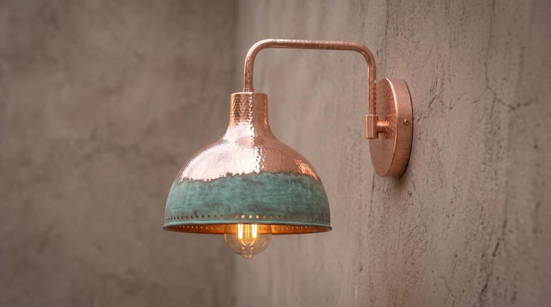 Handmade Brass Wall Sconce – Copper & Verdigris Green Patina Dome Wall Light, Moroccan Rustic Farmhouse Brass Wall Lamp Fixture