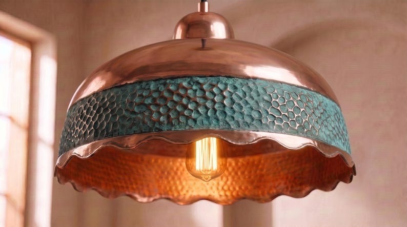 Handmade Moroccan Brass Pendant Light – Hammered Copper Dome Ceiling Lamp with Verdigris Green Band, Scalloped Edge & Warm Downlight