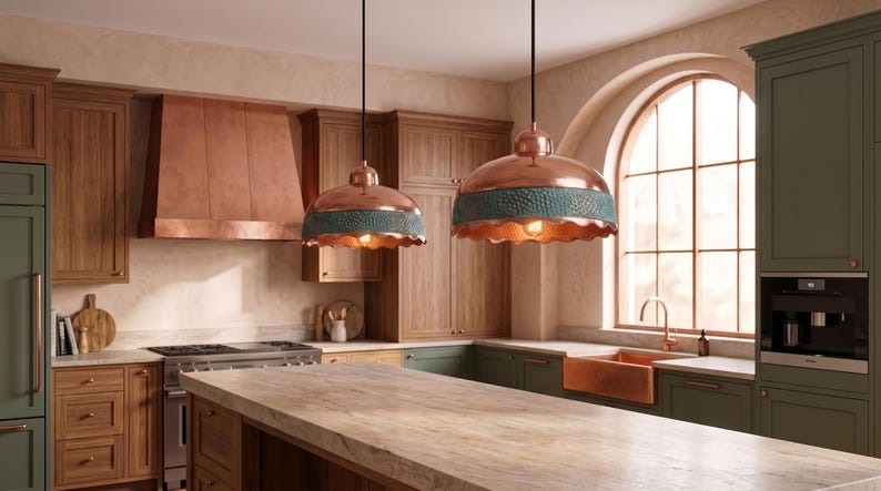Handmade Moroccan Brass Pendant Light – Hammered Copper Dome Ceiling Lamp with Verdigris Green Band, Scalloped Edge & Warm Downlight