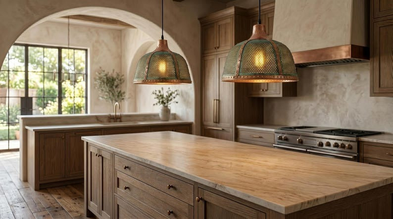 Handmade Brass Moroccan Pendant Light – Verdigris Green Patina Pierced Brass Hanging Lamp with Copper Ribbed Details, Rustic Boho Kitchen Island Ceiling Fixture