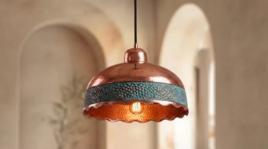 Handmade Moroccan Brass Pendant Light – Hammered Copper Dome Ceiling Lamp with Verdigris Green Band, Scalloped Edge & Warm Downlight