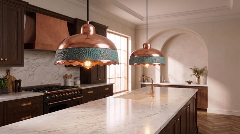 Handmade Moroccan Brass Pendant Light – Hammered Copper Dome Ceiling Lamp with Verdigris Green Band, Scalloped Edge & Warm Downlight