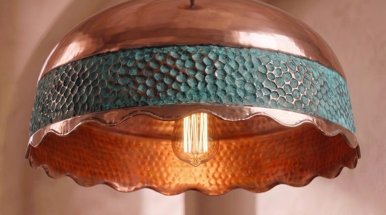Handmade Moroccan Brass Pendant Light – Hammered Copper Dome Ceiling Lamp with Verdigris Green Band, Scalloped Edge & Warm Downlight