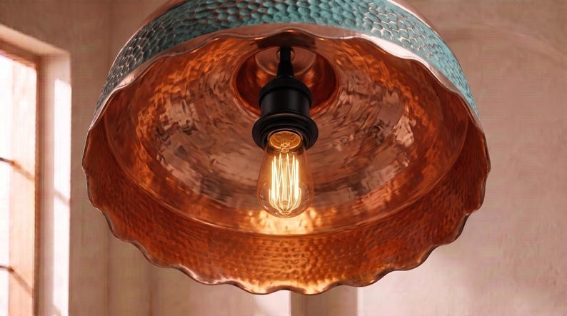 Handmade Moroccan Brass Pendant Light – Hammered Copper Dome Ceiling Lamp with Verdigris Green Band, Scalloped Edge & Warm Downlight