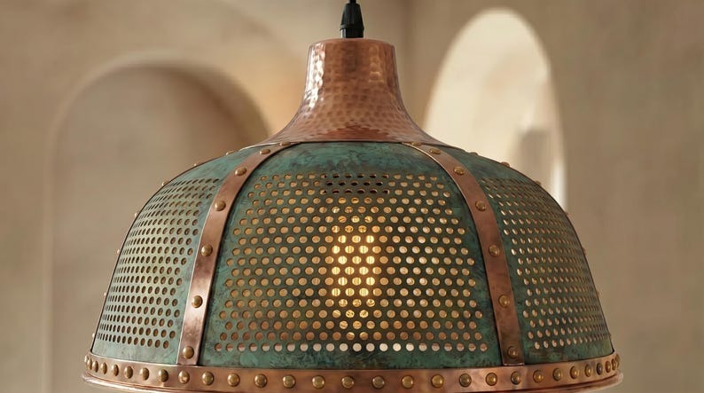 Handmade Brass Moroccan Pendant Light – Verdigris Green Patina Pierced Brass Hanging Lamp with Copper Ribbed Details, Rustic Boho Kitchen Island Ceiling Fixture