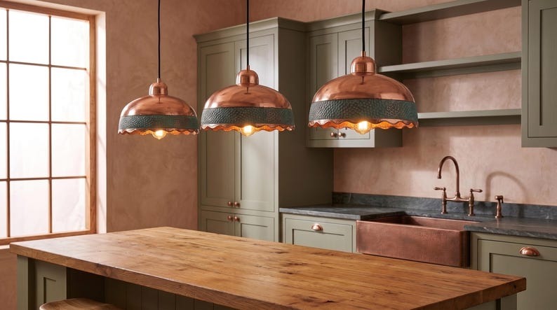 Handmade Moroccan Brass Pendant Light – Hammered Copper Dome Ceiling Lamp with Verdigris Green Band, Scalloped Edge & Warm Downlight