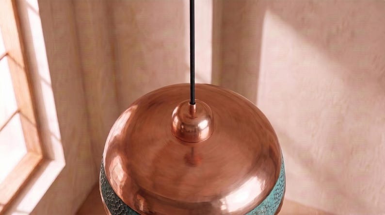 Handmade Moroccan Brass Pendant Light – Hammered Copper Dome Ceiling Lamp with Verdigris Green Band, Scalloped Edge & Warm Downlight