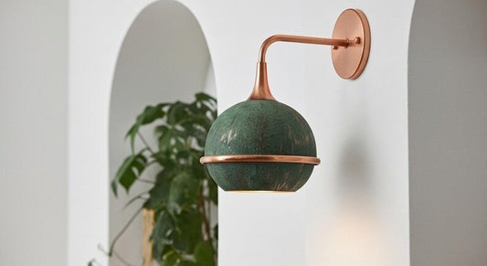 Handmade Moroccan Brass Globe Wall Sconce – Green Verdigris Patina Brass Wall Light with Copper Arm and Warm Gold Interior, Boho Mediterranean Lamp for Bedroom, Hallway, Bathroom & Entryway