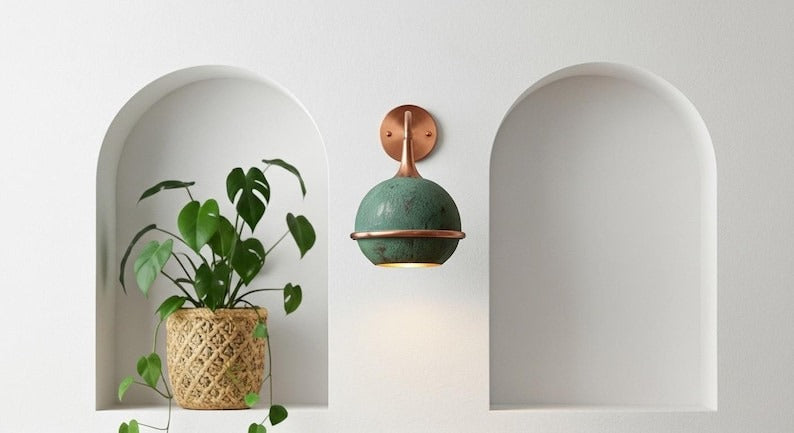 Handmade Moroccan Brass Globe Wall Sconce – Green Verdigris Patina Brass Wall Light with Copper Arm and Warm Gold Interior, Boho Mediterranean Lamp for Bedroom, Hallway, Bathroom & Entryway