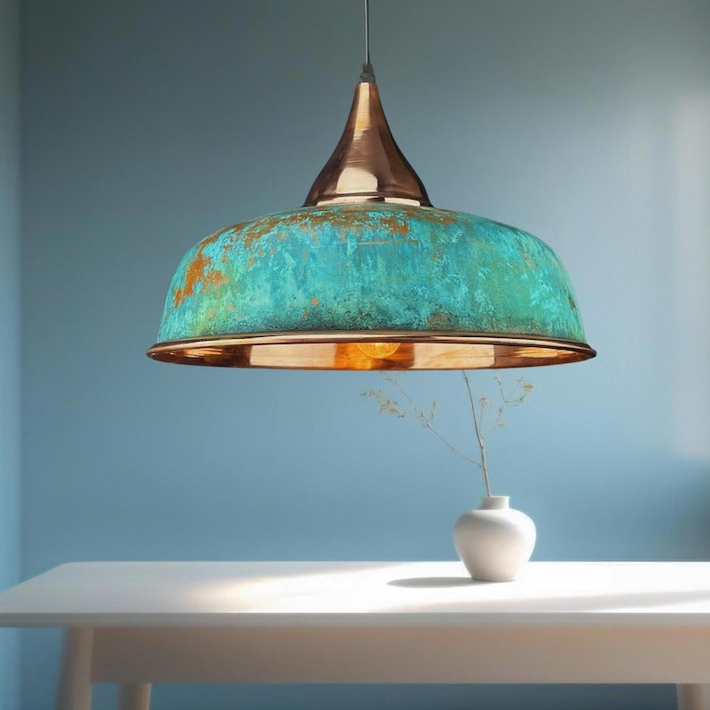 Set of 2 Handmade Moroccan Brass Pendant Lights – Turquoise Verdigris Patina Ribbed Dome Ceiling Lamps with Copper Interior, Kitchen Island & Dining Room Lighting