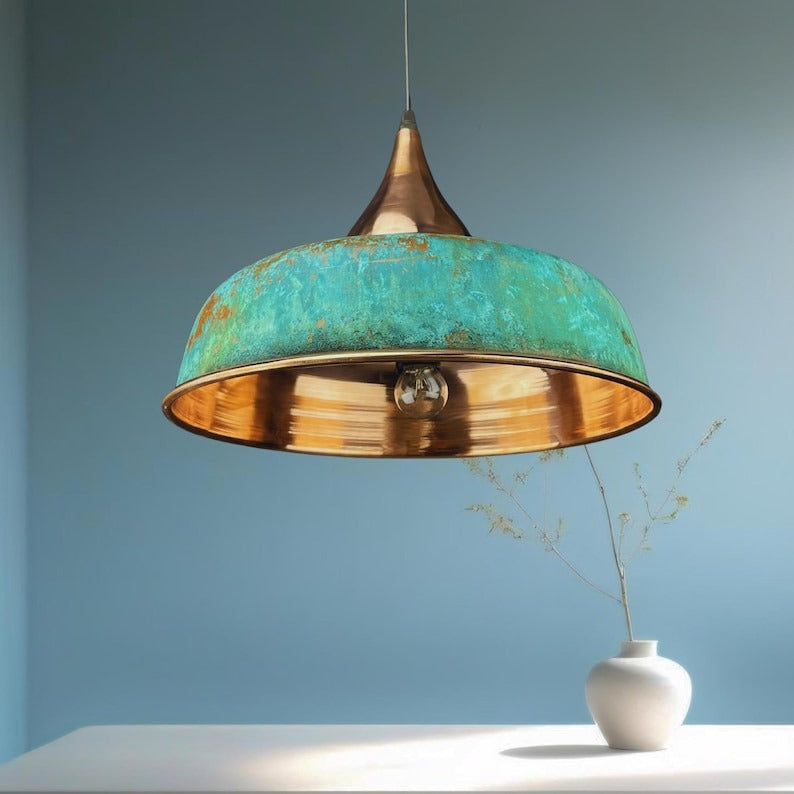 Set of 2 Handmade Moroccan Brass Pendant Lights – Turquoise Verdigris Patina Ribbed Dome Ceiling Lamps with Copper Interior, Kitchen Island & Dining Room Lighting