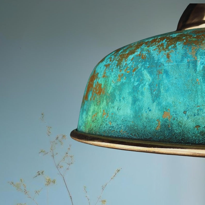 Set of 3 Handmade Moroccan Brass Pendant Lights – Turquoise Verdigris Patina Ribbed Dome Ceiling Lamps with Copper Interior, Kitchen Island & Dining Room Lighting
