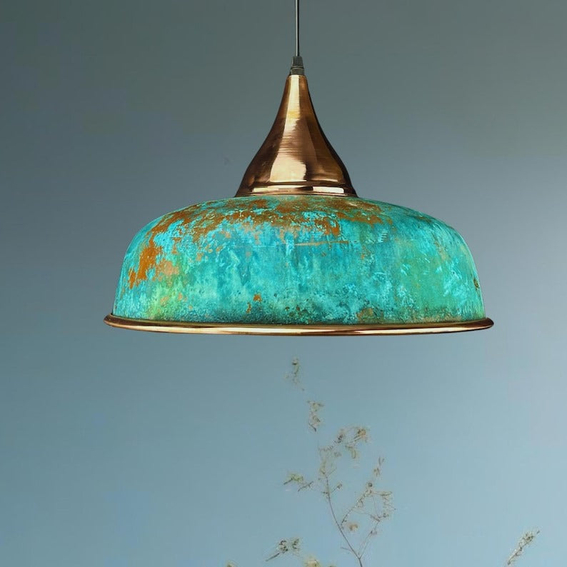 Set of 3 Handmade Moroccan Brass Pendant Lights – Turquoise Verdigris Patina Ribbed Dome Ceiling Lamps with Copper Interior, Kitchen Island & Dining Room Lighting