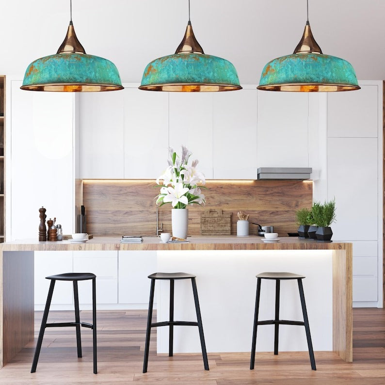 Handmade Moroccan Brass Pendant Light – Turquoise Verdigris Patina Dome Ceiling Lamp with Copper Brass Accents, Kitchen Island & Dining Room Lighting