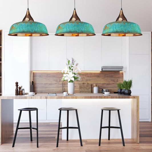 Set of 3 Handmade Moroccan Brass Pendant Lights – Turquoise Verdigris Patina Ribbed Dome Ceiling Lamps with Copper Interior, Kitchen Island & Dining Room Lighting