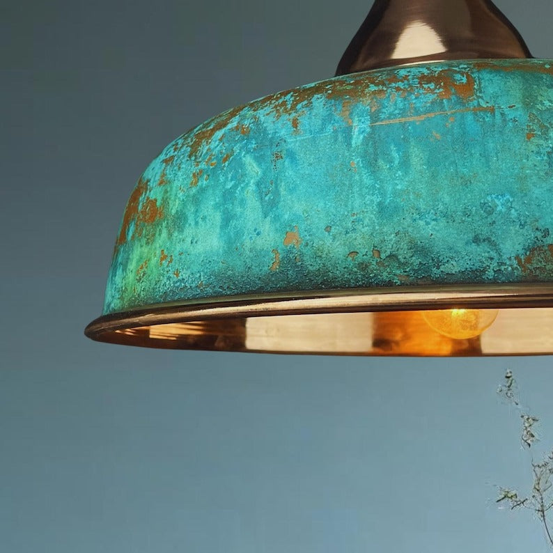 Handmade Moroccan Brass Pendant Light – Turquoise Verdigris Patina Dome Ceiling Lamp with Copper Brass Accents, Kitchen Island & Dining Room Lighting