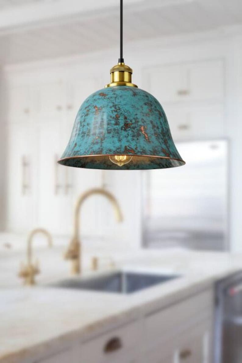 Handmade Brass Bell Pendant Light – Turquoise Patina Moroccan Ceiling Lamp, Rustic Brass Kitchen Island Pendant, Vintage Verdigris Dining Room Light Fixture