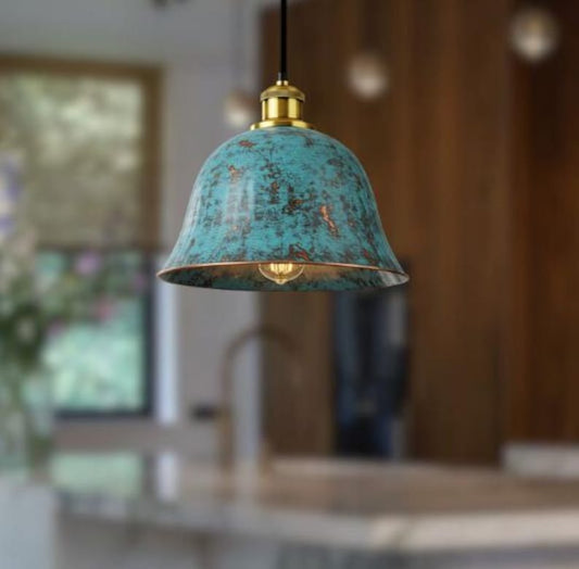 Handmade Brass Bell Pendant Light – Turquoise Patina Moroccan Ceiling Lamp, Rustic Brass Kitchen Island Pendant, Vintage Verdigris Dining Room Light Fixture