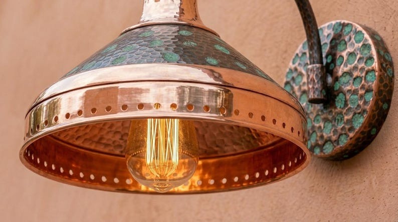 Handmade Brass Wall Sconce – Verdigris Green Patina & Copper Brass Cone Wall Light with Polished Brass Band, Moroccan Rustic Farmhouse Wall Lamp