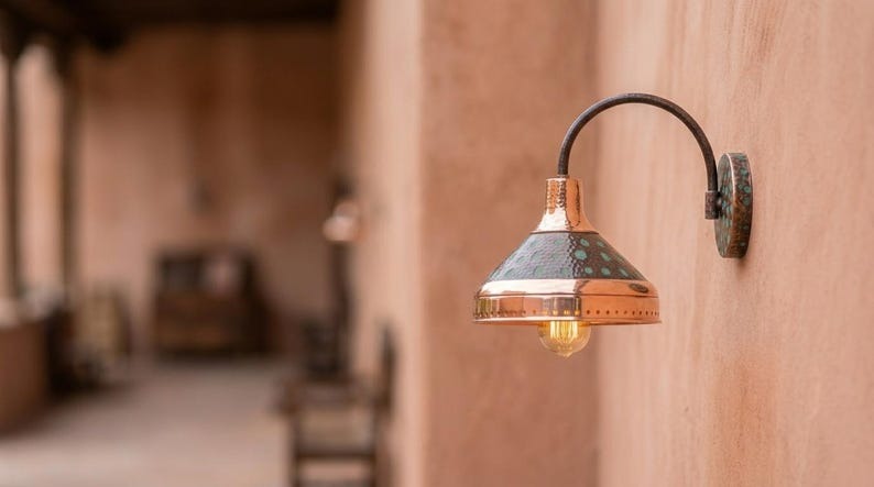 Handmade Brass Wall Sconce – Verdigris Green Patina & Copper Brass Cone Wall Light with Polished Brass Band, Moroccan Rustic Farmhouse Wall Lamp