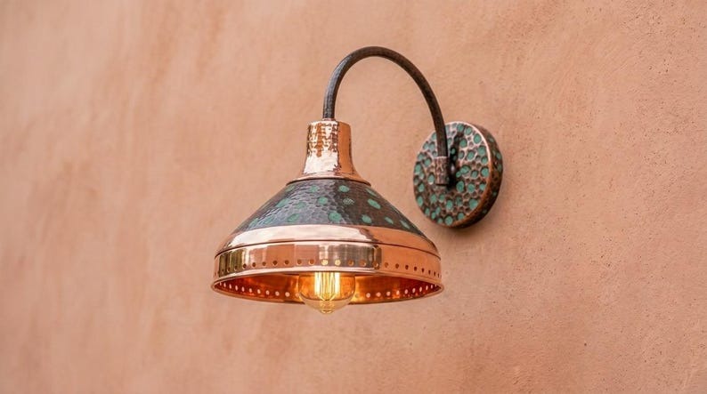 Handmade Brass Wall Sconce – Verdigris Green Patina & Copper Brass Cone Wall Light with Polished Brass Band, Moroccan Rustic Farmhouse Wall Lamp