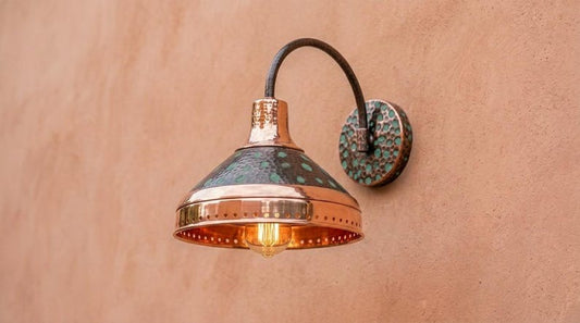 Handmade Brass Wall Sconce – Verdigris Green Patina & Copper Brass Cone Wall Light with Polished Brass Band, Moroccan Rustic Farmhouse Wall Lamp