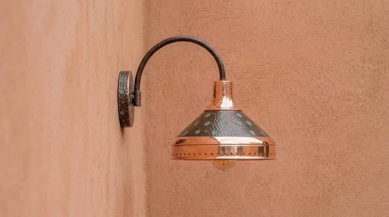 Handmade Brass Wall Sconce – Verdigris Green Patina & Copper Brass Cone Wall Light with Polished Brass Band, Moroccan Rustic Farmhouse Wall Lamp