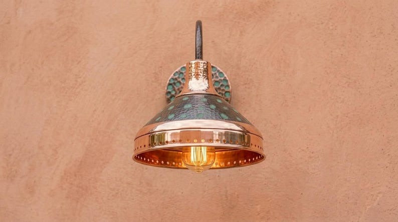 Handmade Brass Wall Sconce – Verdigris Green Patina & Copper Brass Cone Wall Light with Polished Brass Band, Moroccan Rustic Farmhouse Wall Lamp