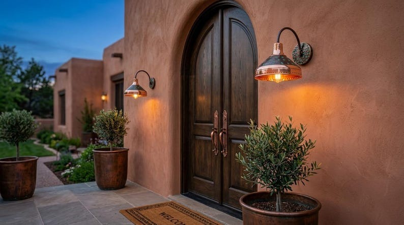 Handmade Brass Wall Sconce – Verdigris Green Patina & Copper Brass Cone Wall Light with Polished Brass Band, Moroccan Rustic Farmhouse Wall Lamp
