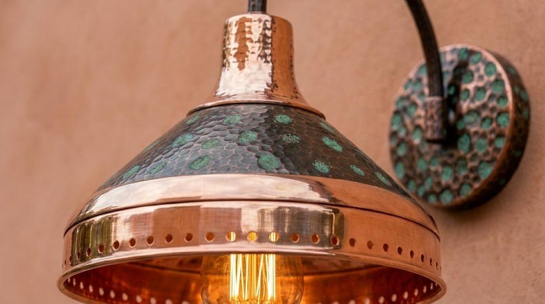 Handmade Brass Wall Sconce – Verdigris Green Patina & Copper Brass Cone Wall Light with Polished Brass Band, Moroccan Rustic Farmhouse Wall Lamp