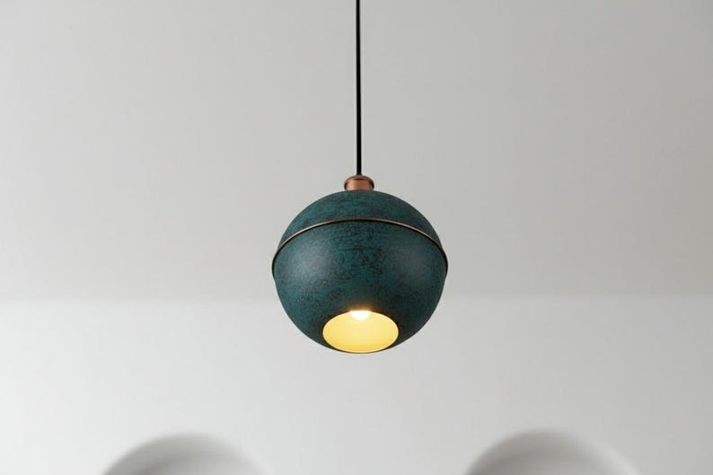 Handmade Moroccan Brass Globe Pendant Light – Dark Green Verdigris Patina Brass Hanging Lamp with Warm Gold Interior, Boho Mediterranean Orb Ceiling Light for Kitchen Island, Dining Room, Bedroom & Entryway
