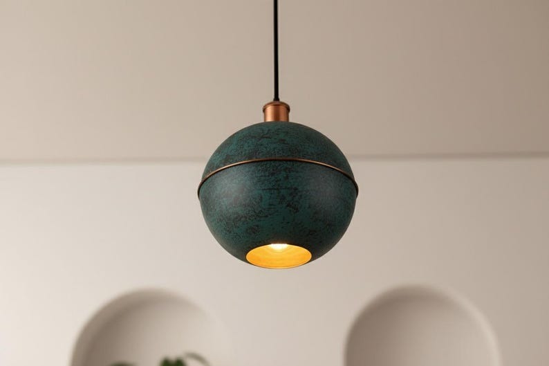 Handmade Moroccan Brass Globe Pendant Light – Dark Green Verdigris Patina Brass Hanging Lamp with Warm Gold Interior, Boho Mediterranean Orb Ceiling Light for Kitchen Island, Dining Room, Bedroom & Entryway
