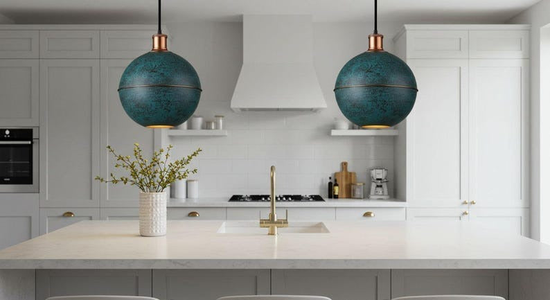 Handmade Moroccan Brass Globe Pendant Light – Dark Green Verdigris Patina Brass Hanging Lamp with Warm Gold Interior, Boho Mediterranean Orb Ceiling Light for Kitchen Island, Dining Room, Bedroom & Entryway