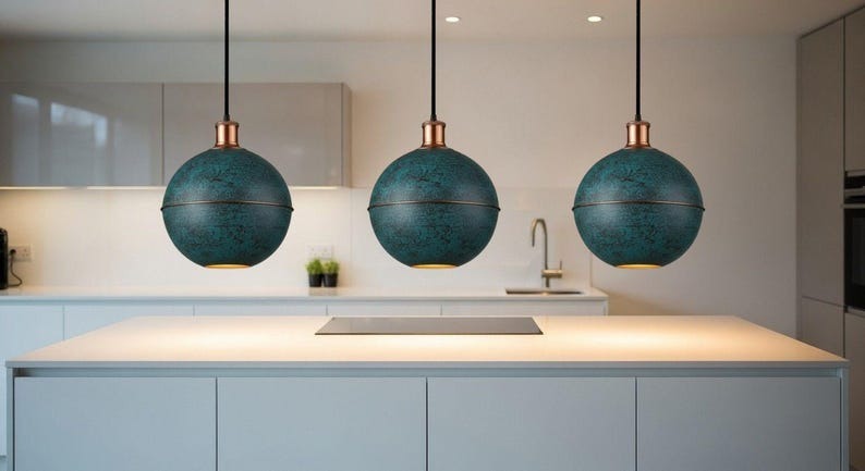 Handmade Moroccan Brass Globe Pendant Light – Dark Green Verdigris Patina Brass Hanging Lamp with Warm Gold Interior, Boho Mediterranean Orb Ceiling Light for Kitchen Island, Dining Room, Bedroom & Entryway