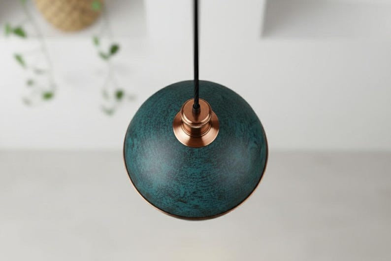 Handmade Moroccan Brass Globe Pendant Light – Dark Green Verdigris Patina Brass Hanging Lamp with Warm Gold Interior, Boho Mediterranean Orb Ceiling Light for Kitchen Island, Dining Room, Bedroom & Entryway