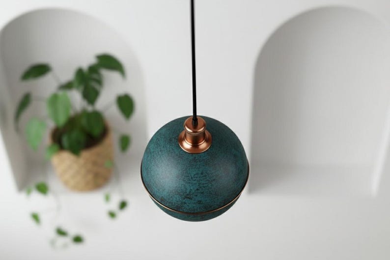 Handmade Moroccan Brass Globe Pendant Light – Dark Green Verdigris Patina Brass Hanging Lamp with Warm Gold Interior, Boho Mediterranean Orb Ceiling Light for Kitchen Island, Dining Room, Bedroom & Entryway