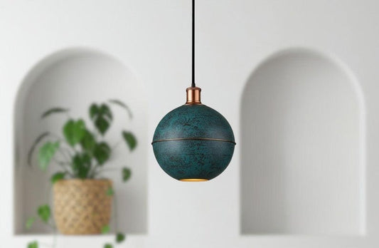 Handmade Moroccan Brass Globe Pendant Light – Dark Green Verdigris Patina Brass Hanging Lamp with Warm Gold Interior, Boho Mediterranean Orb Ceiling Light for Kitchen Island, Dining Room, Bedroom & Entryway