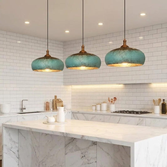 Set of 3 Handmade Moroccan Brass Pendant Lights – Turquoise Verdigris Patina Dome Hanging Lamps with Warm Gold Interiors, Large Kitchen Island Lighting Set