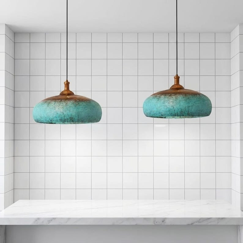 Set of 3 Handmade Moroccan Brass Pendant Lights – Turquoise Verdigris Patina Dome Hanging Lamps with Warm Gold Interiors, Large Kitchen Island Lighting Set