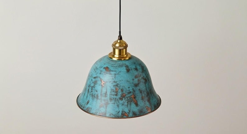 Handmade Brass Bell Pendant Light – Turquoise Patina Moroccan Ceiling Lamp, Rustic Brass Kitchen Island Pendant, Vintage Verdigris Dining Room Light Fixture