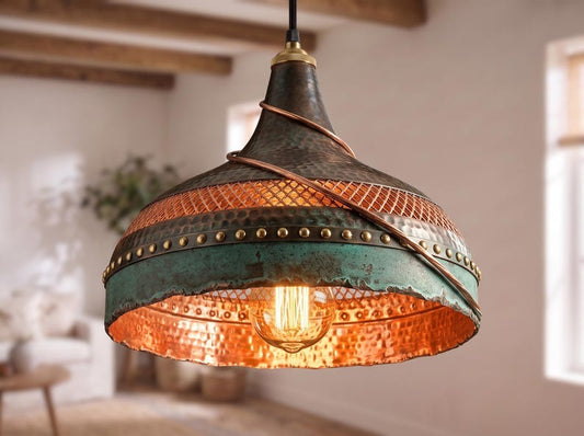Verdigris & Copper Moroccan Brass Pendant Light – Riveted Lattice Dome Chandelier with Warm Interior Glow